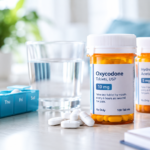 Medicine bottles and tablets illustrating opioid medication information and safe prescription handling.