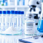 Laboratory reagent bottles and glassware representing research chemical information